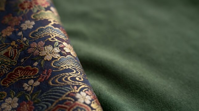 Traditional floral brocade fabric with gold embroidery on green