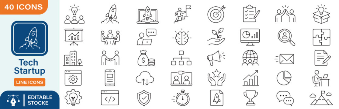 40 Tech Startup Vector Line Icons Set &ndash; Innovation, Entrepreneurship, Business Growth and Startup Development Symbols Collection