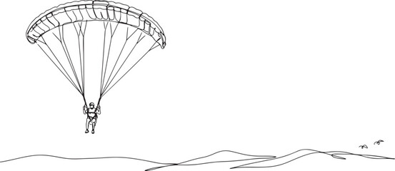 Continuous one line drawing brave person is paragliding, suspended high beneath fully inflated chute, thrill and airborne freedom of extreme sport.one line drawing © Hossen