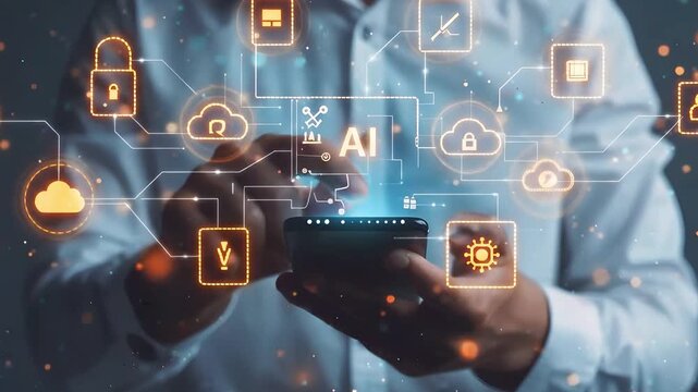 Businessman interacting with holographic cloud computing icons using smartphone with video professional using mobile device access digital cloud data artificial intelligence interfaces