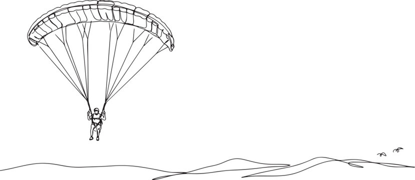 Continuous one line drawing brave person is paragliding, suspended high beneath fully inflated chute, thrill and airborne freedom of extreme sport.one line drawing