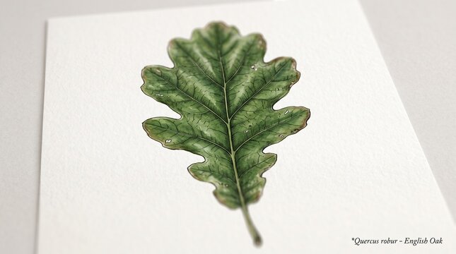 Green english oak leaf with detailed veins on stem