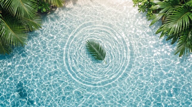 Porcupine swimming in clear green water with palm trees