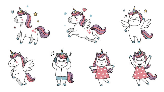 Cute unicorn character stickers collection with magical creatures dancing, listening to music, and flying in flat design.