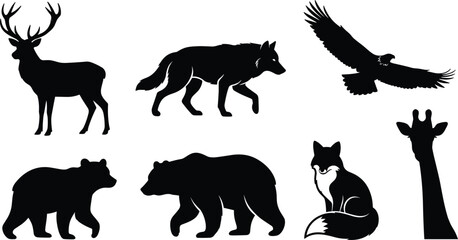 Wild Animals Vector Set with Stag Deer Wolf Flying Eagle Bear Grizzly Red Fox and Giraffe Silhouette © MstAnjuAra