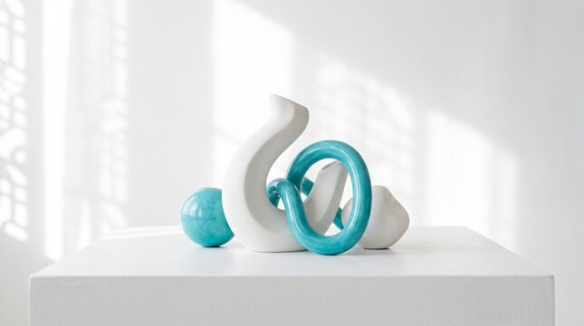Turquoise abstract 3d sculpture shapes on display stand