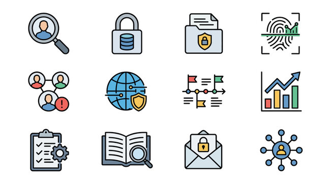 Modern Minimalist Icons Set Featuring Data Security Global Connectivity Analysis and Network Concepts in Flat Design