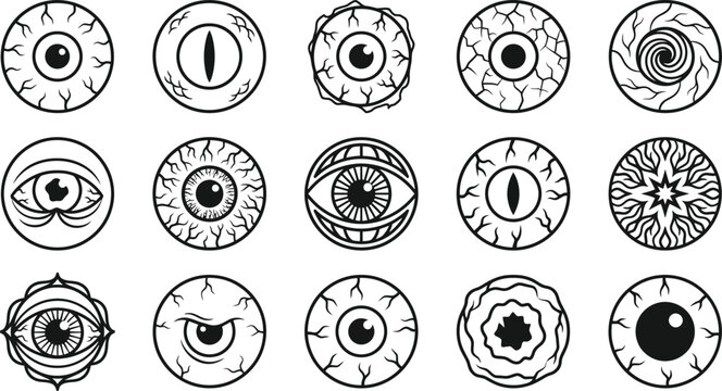 A detailed halloween vector bundle featuring a collection of spooky hand drawn eyeball illustrations perfect for creepy holiday design projects and decorations