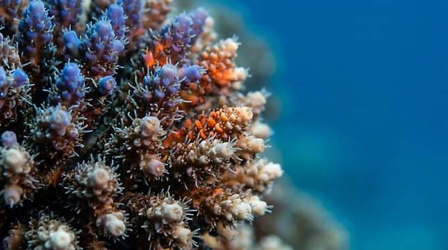Close up of vibrant blue and orange branching coral underwater