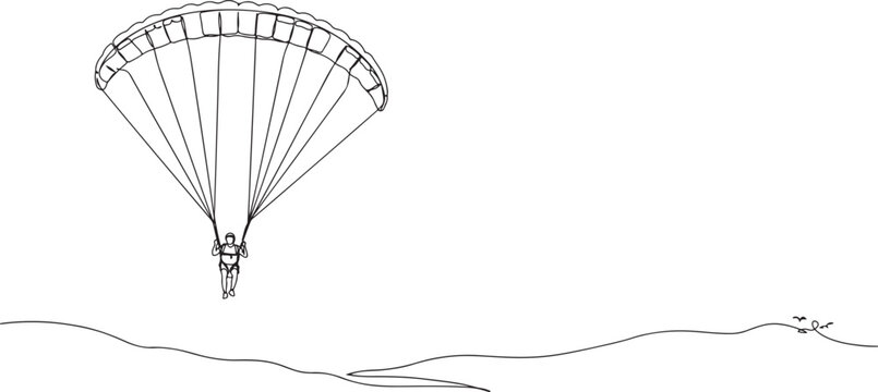 Continuous one line drawing brave person is paragliding, suspended high beneath fully inflated chute, thrill and airborne freedom of extreme sport.one line drawing