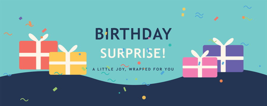 Birtay surprise with wrapped gifts and confetti during a celebration with festive lighting