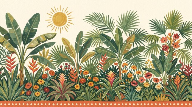 Tropical plants and flowers in pixel art style illustration