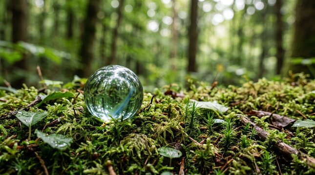 Glass ball on mossy rocks with green blurred background