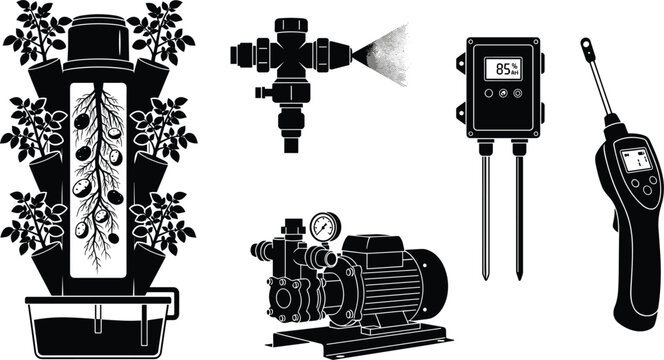 Vertical Aeroponics Vector Set with Hydroponic Tower Misting Nozzle Pressure Pump and Digital Soil Sensor