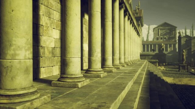 Golden promenade under warm light, long colonnade and distant temple bathed in soft yellow glow with elongated shadows and serene horizon, nostalgic travel