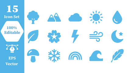 Fototapeta premium Nature and weather environment vector icon set with environment, mountain