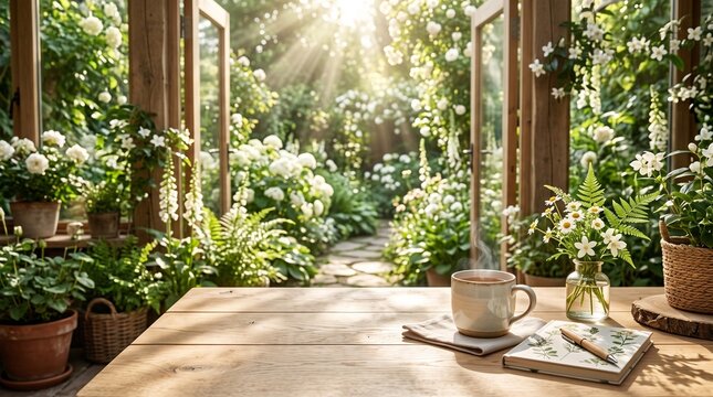 Coffee cup on wooden table in bright indoor garden with plants