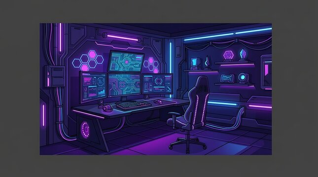 Cyberpunk gaming room with neon lights and multiple monitors