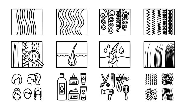 Hair Types Line Vector Icon Set Straight Wavy Curly
