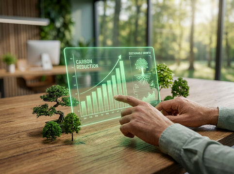Business person touching digital screen with green carbon reduction growth chart and miniature trees