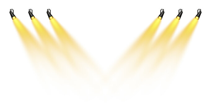 Floodlight beam, illuminated spotlights. Light sources, concert lighting, stage spotlights. Projection studio lights beam. Transparent background