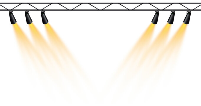 Floodlight beam, illuminated spotlights. Light sources, concert lighting, stage spotlights. Projection studio lights beam. Transparent background