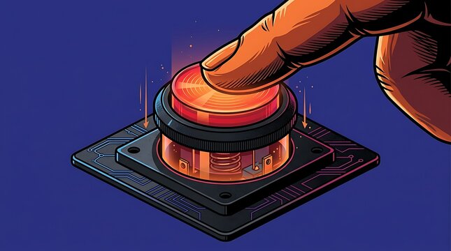 Finger pressing a glowing red panic button on a circuit board