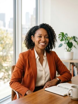 High-angle perspective showing female leader using hearing aid addressing team in modern office