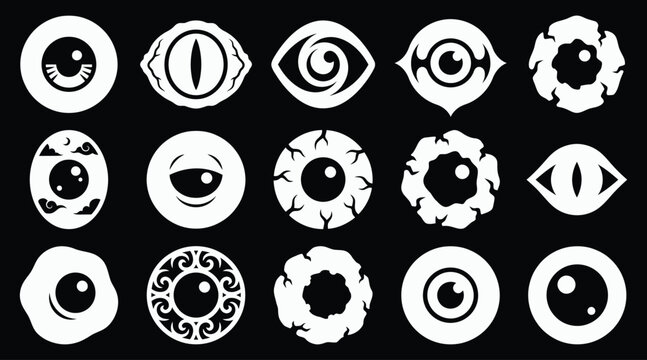 A spooky halloween vector bundle featuring a collection of various creepy monster eyeballs in a black and white graphic design style
