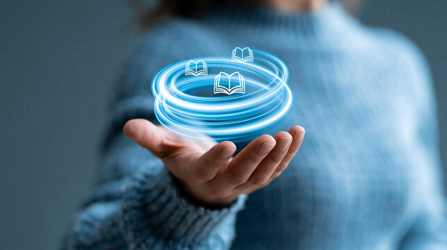 Faceless hand holding glowing education icons with swirling light trails, digital learning innovation, with copy space