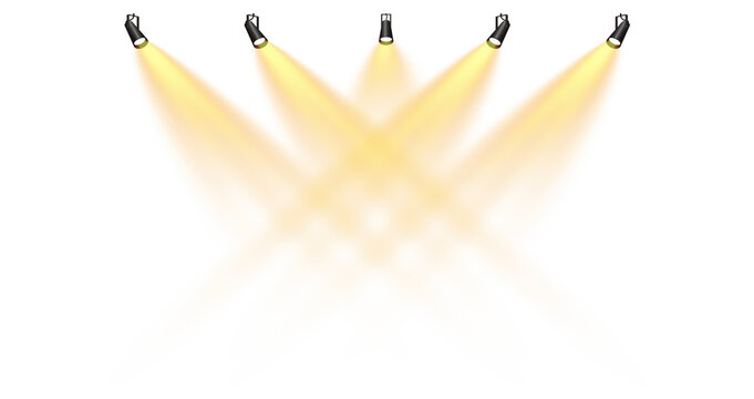 Floodlight beam, illuminated spotlights. Light sources, concert lighting, stage spotlights. Projection studio lights beam. Transparent background