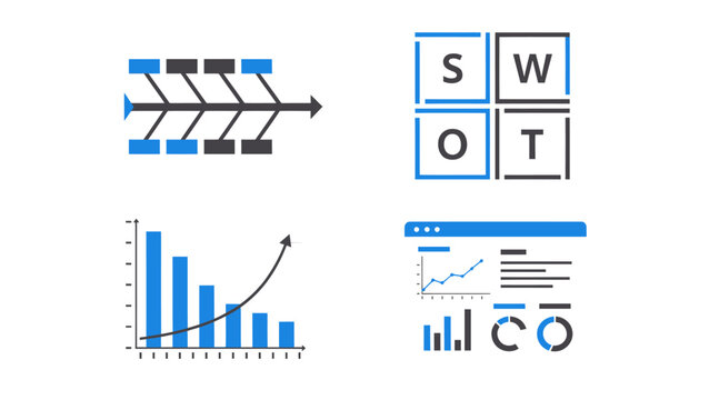 Business analysis icons including fishbone diagram SWOT chart and graphs.