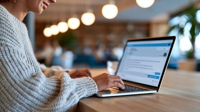 Close-up of a student using an AI virtual assistant on a laptop, chatbot interface, digital study assistant, library setting, with copy space