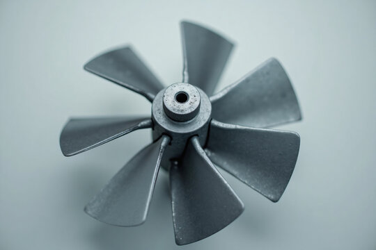 Close up of a metal cooling fan blade with eight blades isolated on a light background for air circulation and ventilation system industrial use