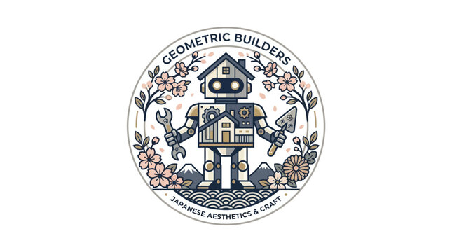 Geometric Builders logo featuring a robot construction worker with Japanese cherry blossoms.