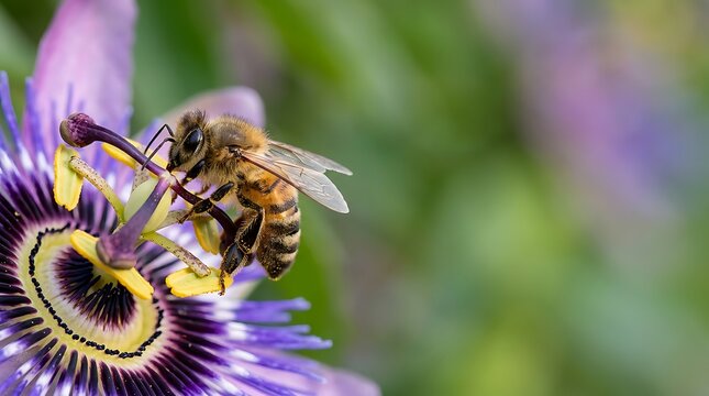 Honey bee pollinating a vibrant purple passion flower in a garden