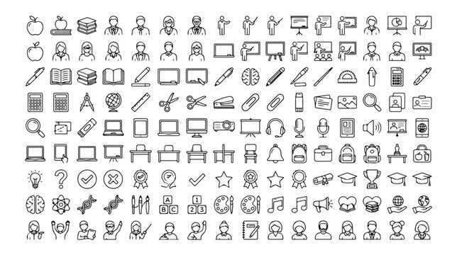 Education and school line icons set, 144 academic vector symbols, minimalist learning and teaching outline graphics for university and classroom apps