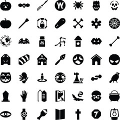 Fototapeta premium Halloween Flat Vector Icon Set Collection - Pumpkin, Bat, Skull, Ghost, Witch, Spider, Haunted House, Cemetery, Candle, Raven Silhouette Icons
