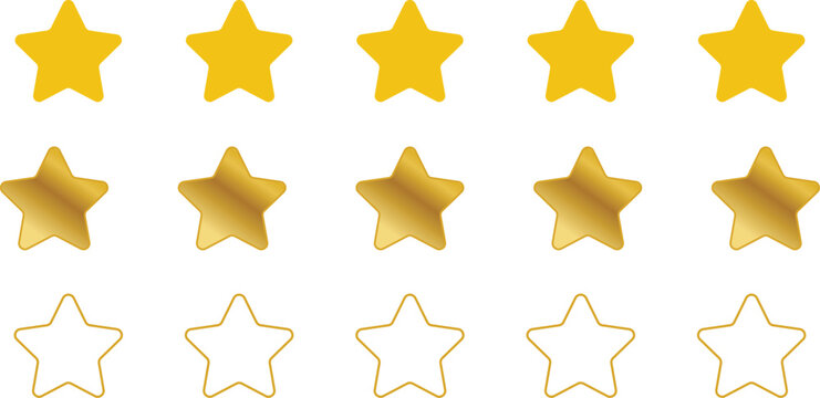 Set of gold stars icons, flat, gradient and outline styles