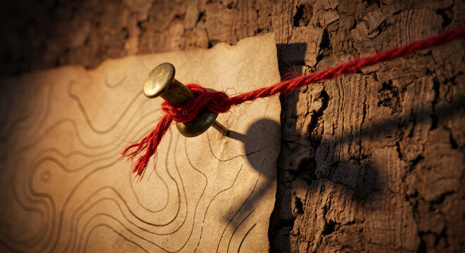Large brass push pin holding paper map against cork board with red string tied around head pin.