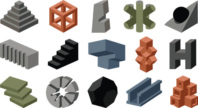 Abstract Isometric Geometric Shapes Vector Set with 3D Cubes, Stairs, Architectural Forms, Rock Structures, Industrial Objects, and Modern Design Elements