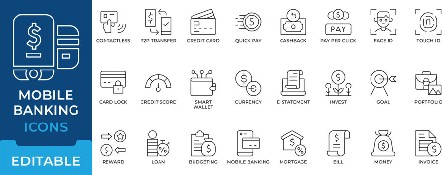 Mobile Banking Fintech Smart Wallet Line Outline Icons - editable stroke vectors for digital finance, payment, and budget