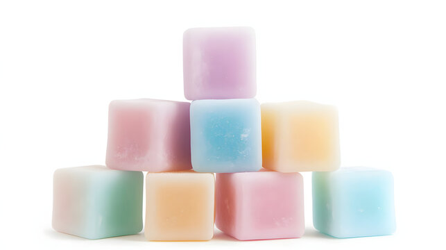 Pastel colored gummy candy cubes stacked on white background