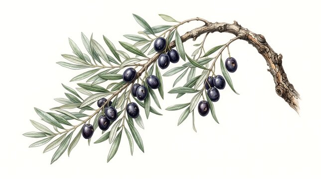 Detailed botanical illustration of a juniper branch with dark blue berries on a white background