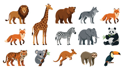 Obraz premium Wild Animals Cartoon Character Collection Set with Lion Giraffe Bear Elephant Tiger Panda and Toucan Bird Vector Illustration