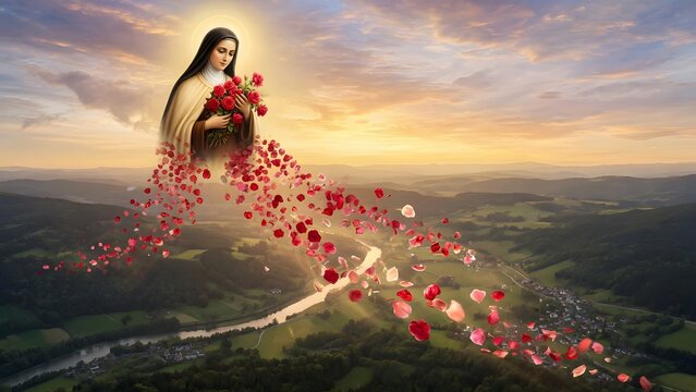 Saint Th&eacute;r&egrave;se of the Child Jesus, thousands of red and pink roses flowing outward like rivers of blessing toward every corner of the earth, expansive skies embracing valleys, forests, rivers and villa