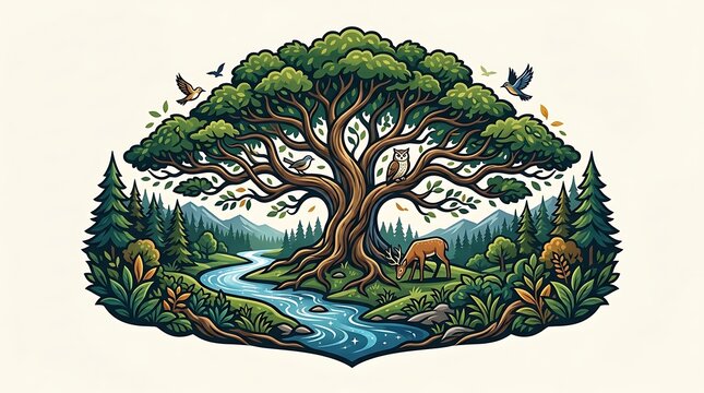 Stylized illustration of an oak tree by a river with forest animals