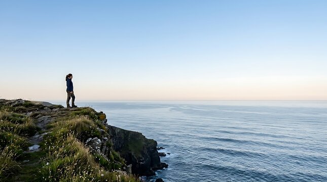 Lone hiker standing on a high cliff overlooking the blue sea at dawn