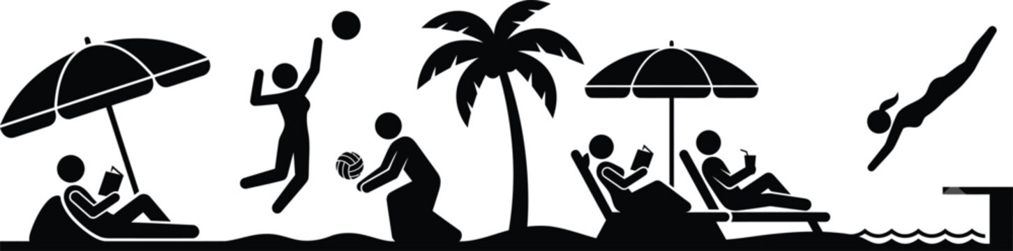 Summer vacation scene silhouette with beach activities and palm tree