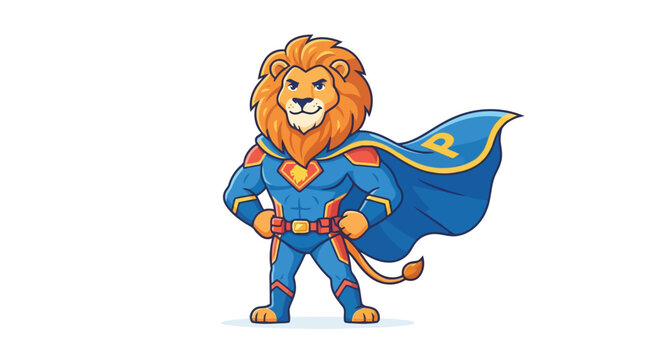 Brave superhero lion character standing with hands on hips and blue cape